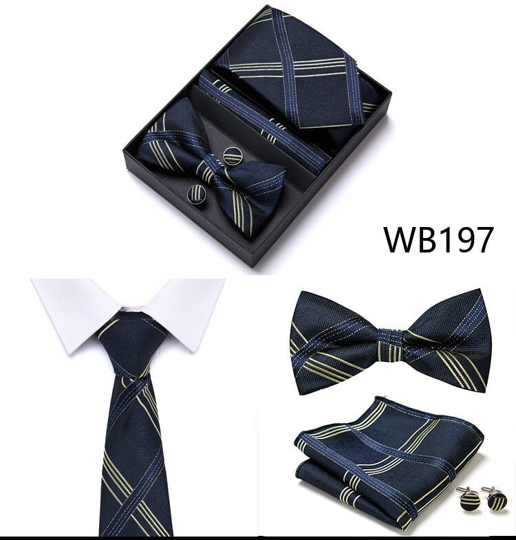 Navy Blue Stripe Pattern Tie Set / Pocket Square, Bowtie, Tie Clip, Cufflinks / Gift for Him / Wedding Groomsmen Gift / Men Gift Box