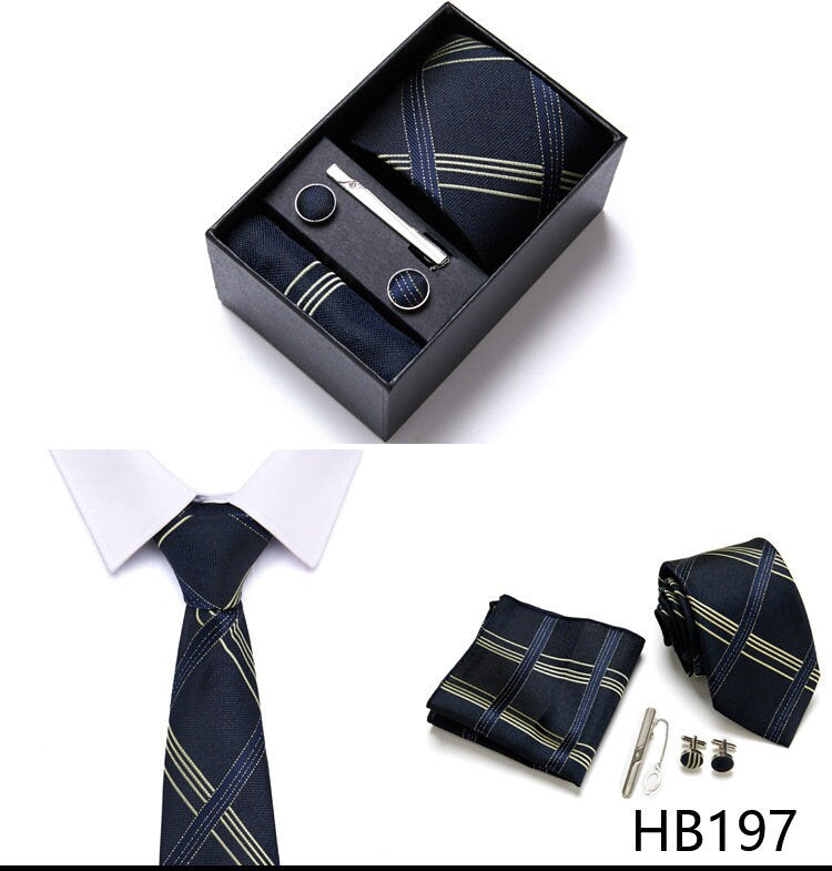 Navy Blue Stripe Pattern Tie Set / Pocket Square, Bowtie, Tie Clip, Cufflinks / Gift for Him / Wedding Groomsmen Gift / Men Gift Box