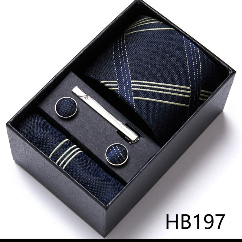 Navy Blue Stripe Pattern Tie Set / Pocket Square, Bowtie, Tie Clip, Cufflinks / Gift for Him / Wedding Groomsmen Gift / Men Gift Box