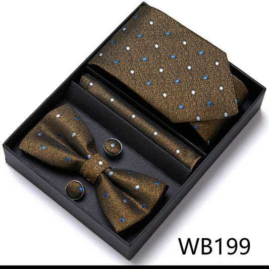 Brown Green Dot Pattern Tie Set / Pocket Square, Bowtie, Tie Clip, Cufflinks / Gift for Him / Wedding Groomsmen Gift / Men Gift Box