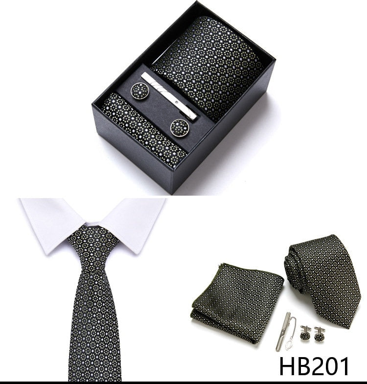 Black White Flower Pattern Tie Set / Pocket Square, Bowtie, Tie Clip, Cufflinks / Gift for Him / Wedding Groomsmen Gift / Men Gift Box