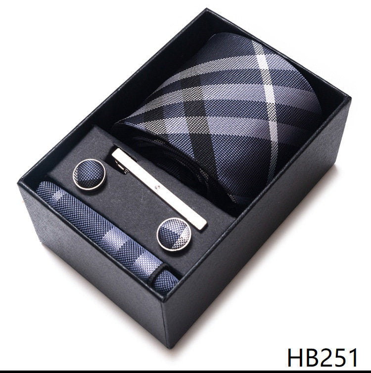 Plaid Stripe Tie Set / Pocket Square Tie Bowtie Cufflinks Set / Wedding Tie / Tie Clips / Gift for him Mens Groomsmen Gift