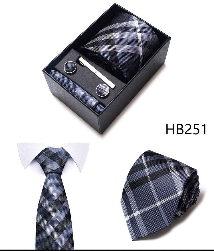 Plaid Stripe Tie Set / Pocket Square Tie Bowtie Cufflinks Set / Wedding Tie / Tie Clips / Gift for him Mens Groomsmen Gift