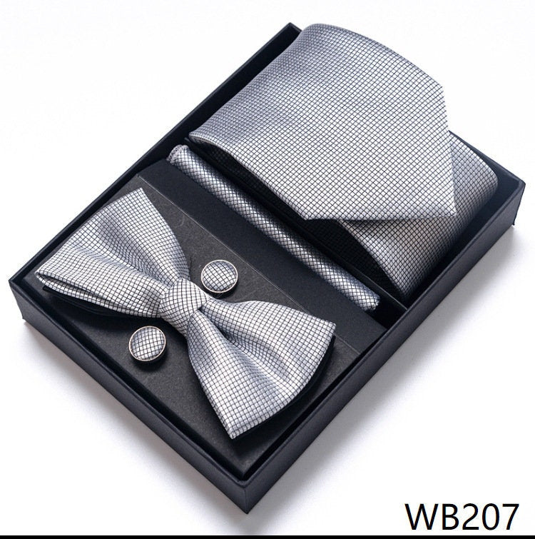 Silver Gray Square Necktie Set / Pocket Square Tie Bowtie Cufflinks Set / Wedding Tie / Tie Clips / Gift for him Mens Groomsmen Gift