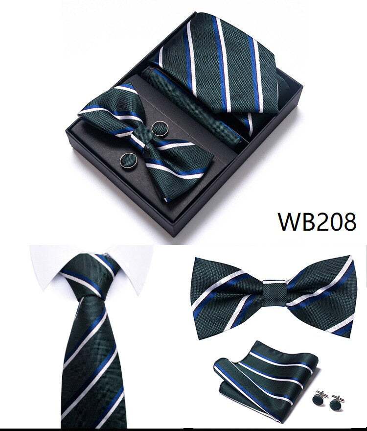 Solid Green Stripe Necktie Set / Pocket Square Tie Bowtie Cufflinks Set / Wedding Tie / Tie Clips / Gift for him Mens Groomsmen Gift