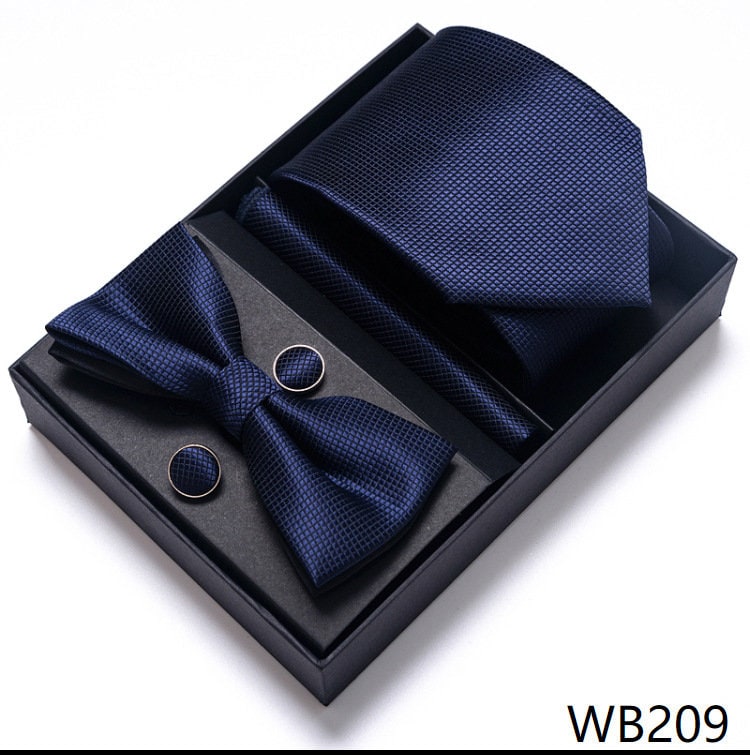 Navy Blue Square Necktie Set / Pocket Square Tie Bowtie Cufflinks Set / Wedding Tie / Tie Clips / Gift for him Mens Groomsmen Gift