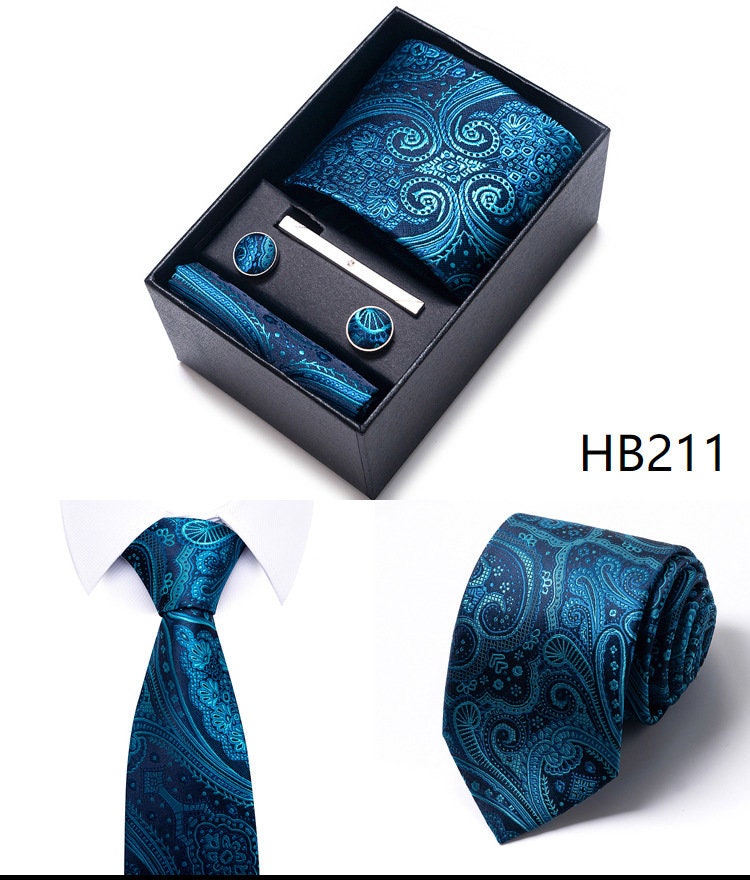 Cyan Blue Paisley Pattern Necktie Set / Pocket Square Tie Bowtie Cufflinks Set / Wedding Tie / Tie Clips / Gift for him Mens Groomsmen Gift