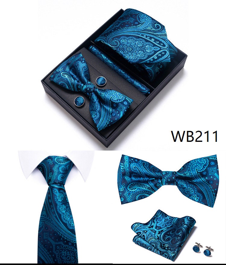 Cyan Blue Paisley Pattern Necktie Set / Pocket Square Tie Bowtie Cufflinks Set / Wedding Tie / Tie Clips / Gift for him Mens Groomsmen Gift