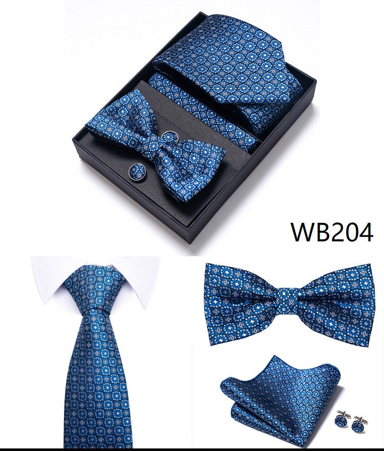 Floral Blue Necktie Set / Pocket Square Tie Bowtie Cufflinks Set / Wedding Tie / Tie Clips / Gift for him Mens Groomsmen Gift