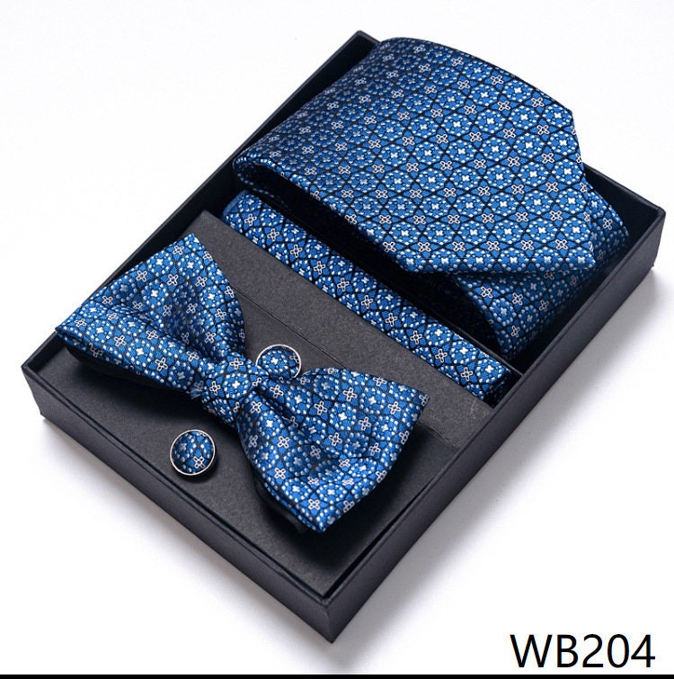 Floral Blue Necktie Set / Pocket Square Tie Bowtie Cufflinks Set / Wedding Tie / Tie Clips / Gift for him Mens Groomsmen Gift