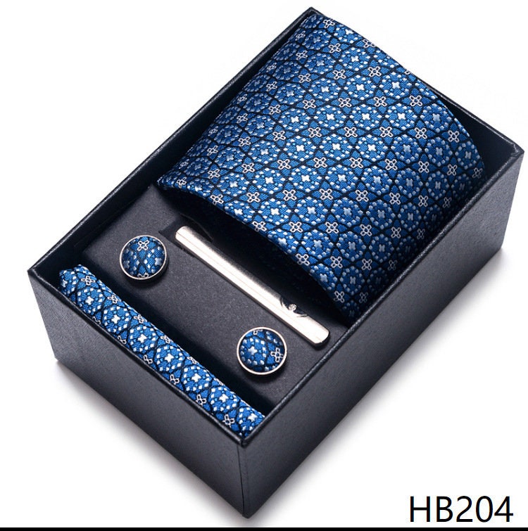 Floral Blue Necktie Set / Pocket Square Tie Bowtie Cufflinks Set / Wedding Tie / Tie Clips / Gift for him Mens Groomsmen Gift