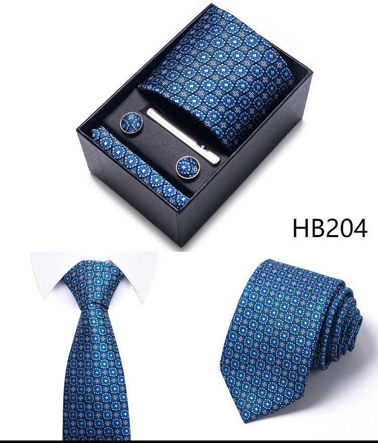 Floral Blue Necktie Set / Pocket Square Tie Bowtie Cufflinks Set / Wedding Tie / Tie Clips / Gift for him Mens Groomsmen Gift