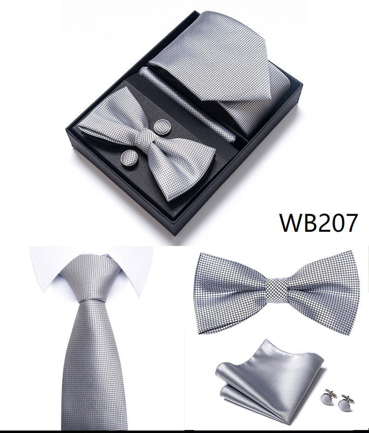 Silver Gray Square Necktie Set / Pocket Square Tie Bowtie Cufflinks Set / Wedding Tie / Tie Clips / Gift for him Mens Groomsmen Gift