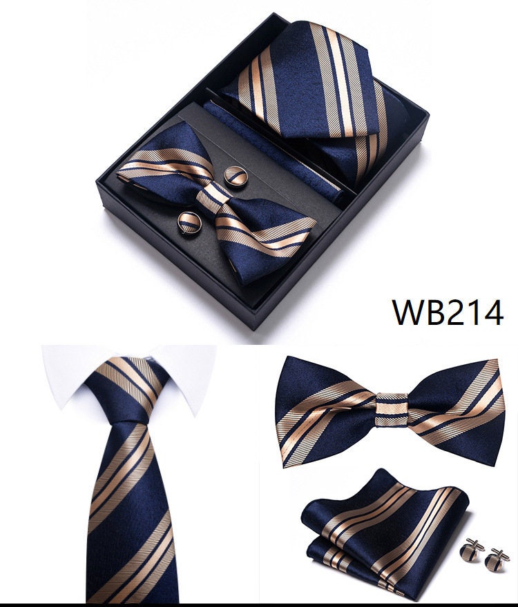 Navy Blue Rose Gold Stripe Necktie Set / Pocket Square Tie Bowtie Cufflinks Set / Wedding Tie / Tie Clips / Gift for him Mens Groomsmen Gift