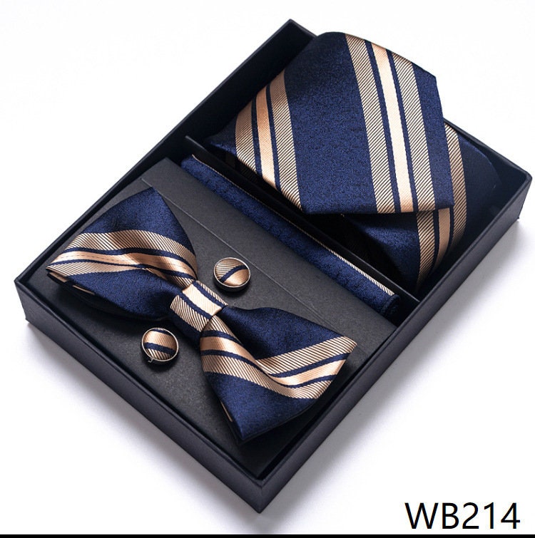 Navy Blue Rose Gold Stripe Necktie Set / Pocket Square Tie Bowtie Cufflinks Set / Wedding Tie / Tie Clips / Gift for him Mens Groomsmen Gift