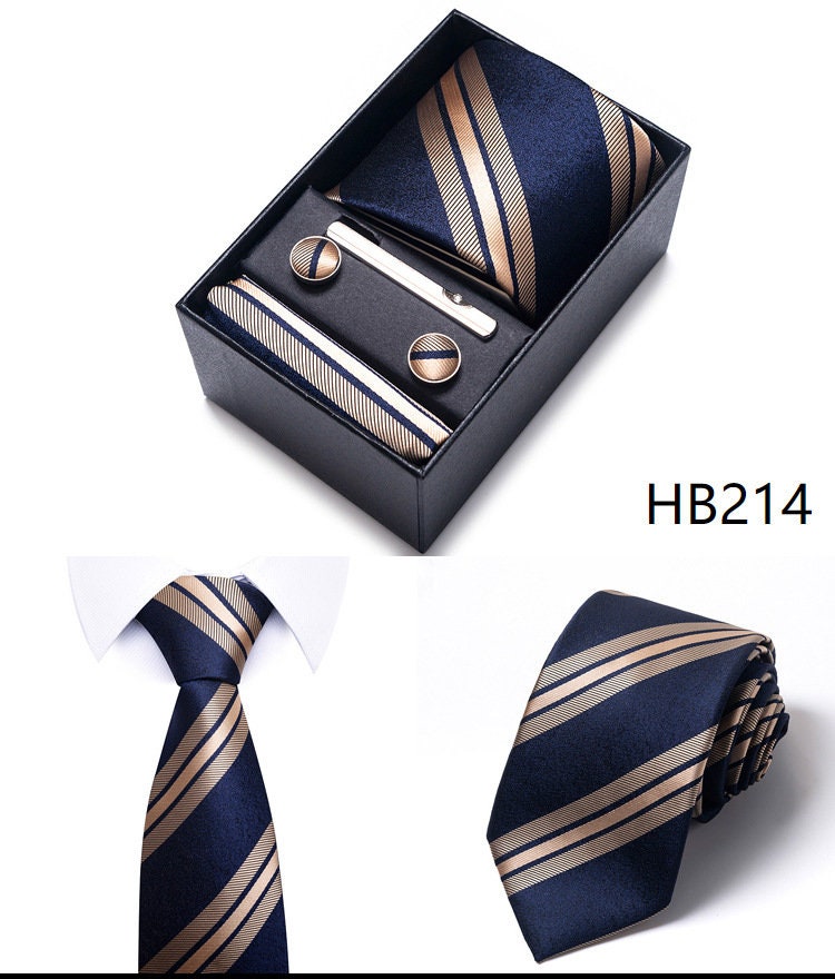 Navy Blue Rose Gold Stripe Necktie Set / Pocket Square Tie Bowtie Cufflinks Set / Wedding Tie / Tie Clips / Gift for him Mens Groomsmen Gift