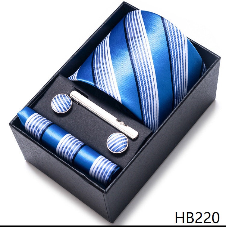 Baby Blue Stripe Necktie Set / Pocket Square Tie Bowtie Cufflinks Set / Wedding Tie / Tie Clips / Gift for him Mens Groomsmen Gift