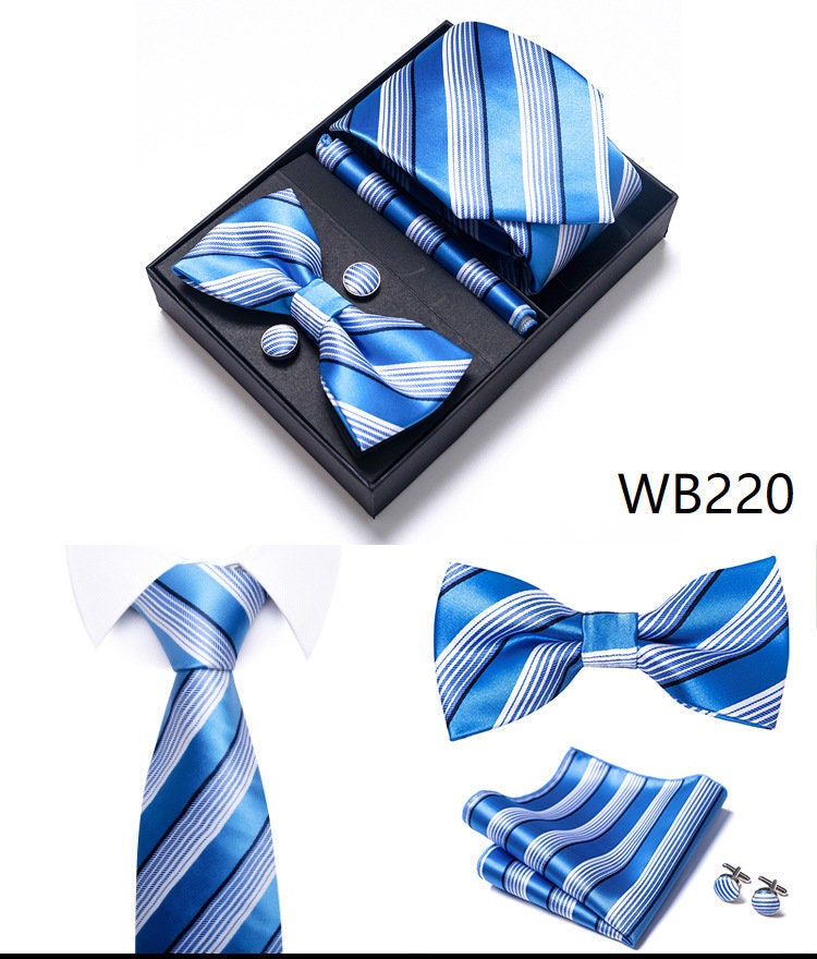 Baby Blue Stripe Necktie Set / Pocket Square Tie Bowtie Cufflinks Set / Wedding Tie / Tie Clips / Gift for him Mens Groomsmen Gift