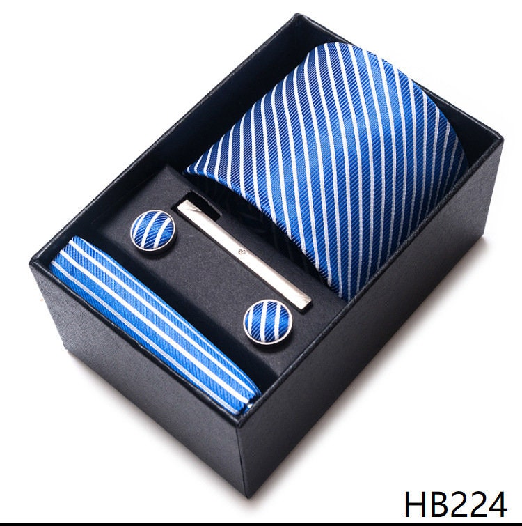 Blue Stripe Tie Set / Pocket Square Tie Bowtie Cufflinks Set / Wedding Tie / Tie Clips / Gift for him Mens Groomsmen Gift