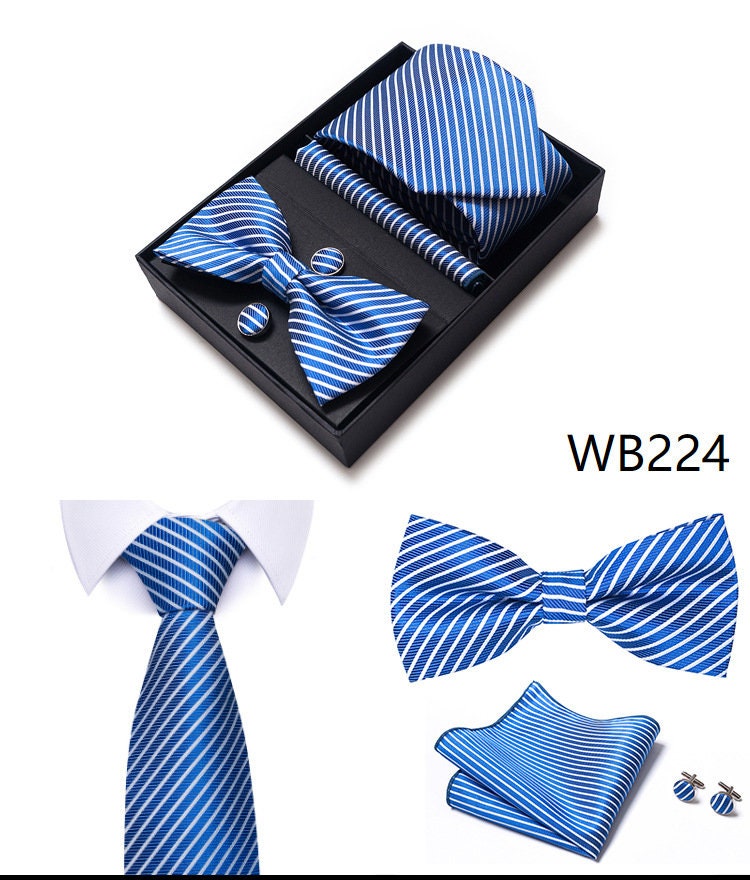 Blue Stripe Tie Set / Pocket Square Tie Bowtie Cufflinks Set / Wedding Tie / Tie Clips / Gift for him Mens Groomsmen Gift