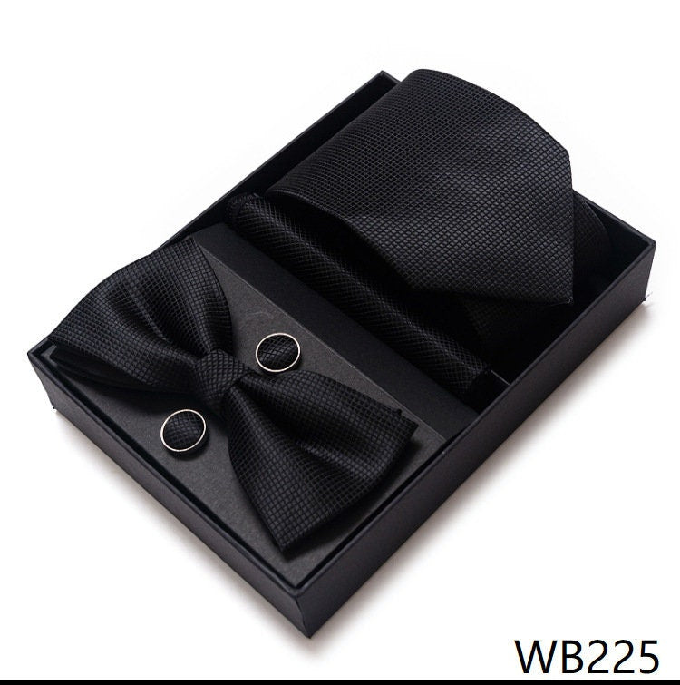 Black Tie Set Premium Necktie and Clip / Pocket Square Tie Bowtie Cufflinks Set / Wedding Tie / Tie Clips / Gift for him Mens Groomsmen Gift