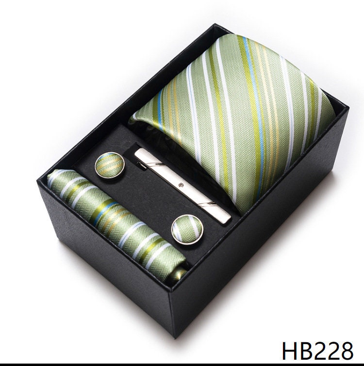 Creamy Green Stripe Pattern Tie Set / Pocket Square Tie Bowtie Cufflinks Set / Wedding Tie / Tie Clips / Gift for him Mens Groomsmen Gift