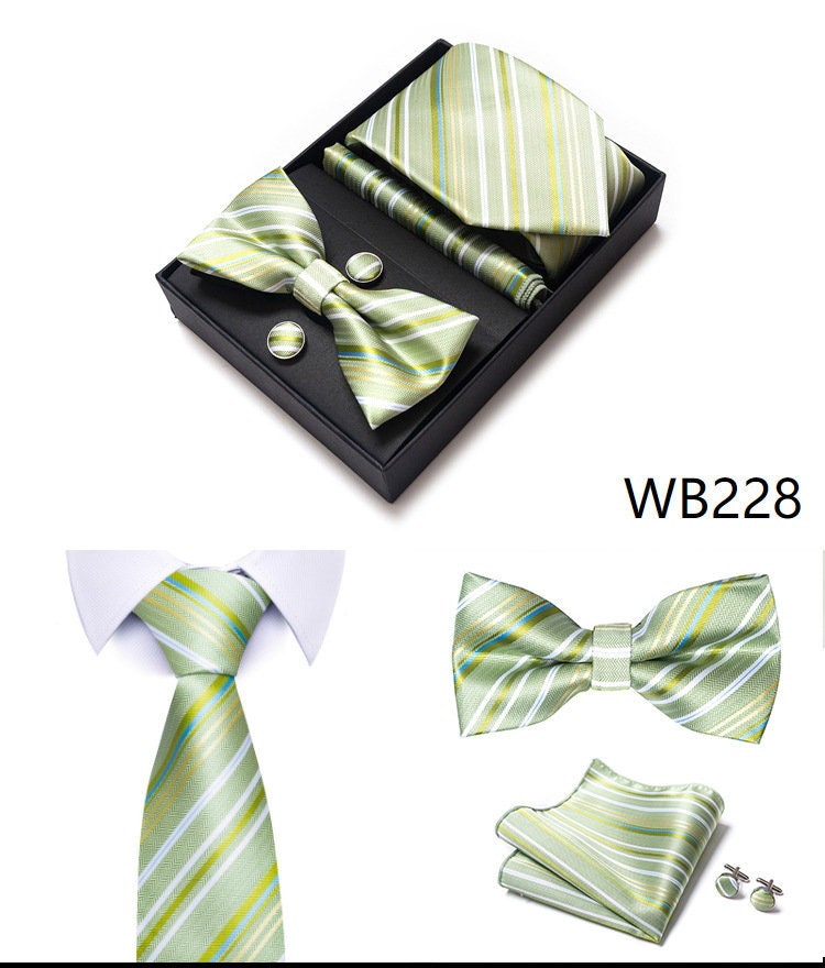 Creamy Green Stripe Pattern Tie Set / Pocket Square Tie Bowtie Cufflinks Set / Wedding Tie / Tie Clips / Gift for him Mens Groomsmen Gift