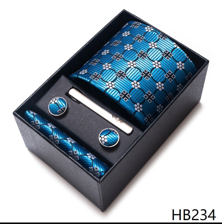 Luxury Blue Tie Set / Pocket Square Tie Bowtie Cufflinks Set / Wedding Tie / Tie Clips / Gift for him Mens Groomsmen Gift