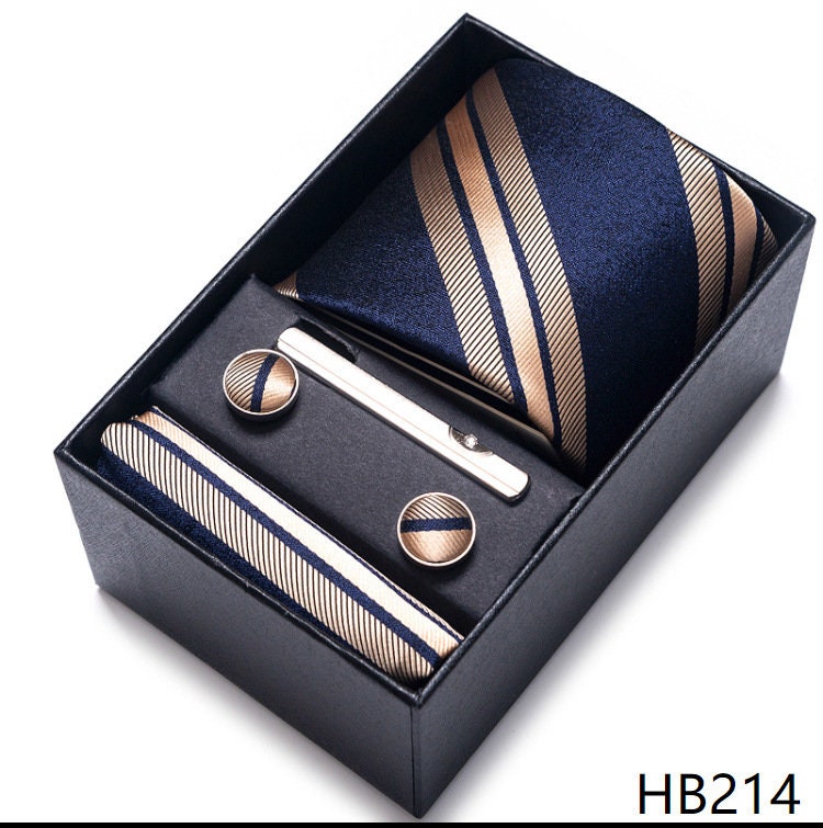 Navy Blue Rose Gold Stripe Necktie Set / Pocket Square Tie Bowtie Cufflinks Set / Wedding Tie / Tie Clips / Gift for him Mens Groomsmen Gift