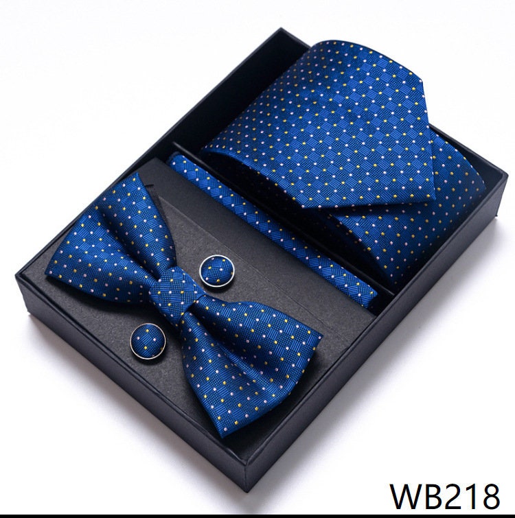 Royal Blue Dot Pattern Necktie Set / Pocket Square Tie Bowtie Cufflinks Set / Wedding Tie / Tie Clips / Gift for him Mens Groomsmen Gift