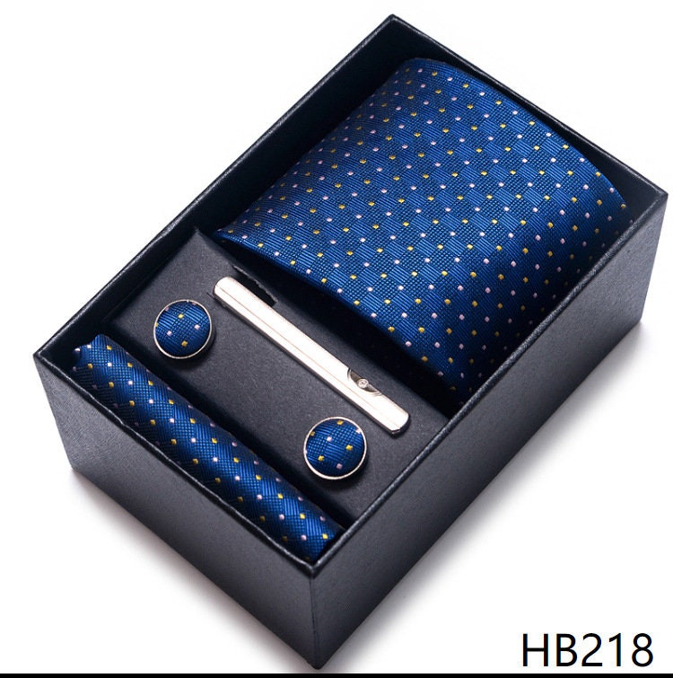 Royal Blue Dot Pattern Necktie Set / Pocket Square Tie Bowtie Cufflinks Set / Wedding Tie / Tie Clips / Gift for him Mens Groomsmen Gift