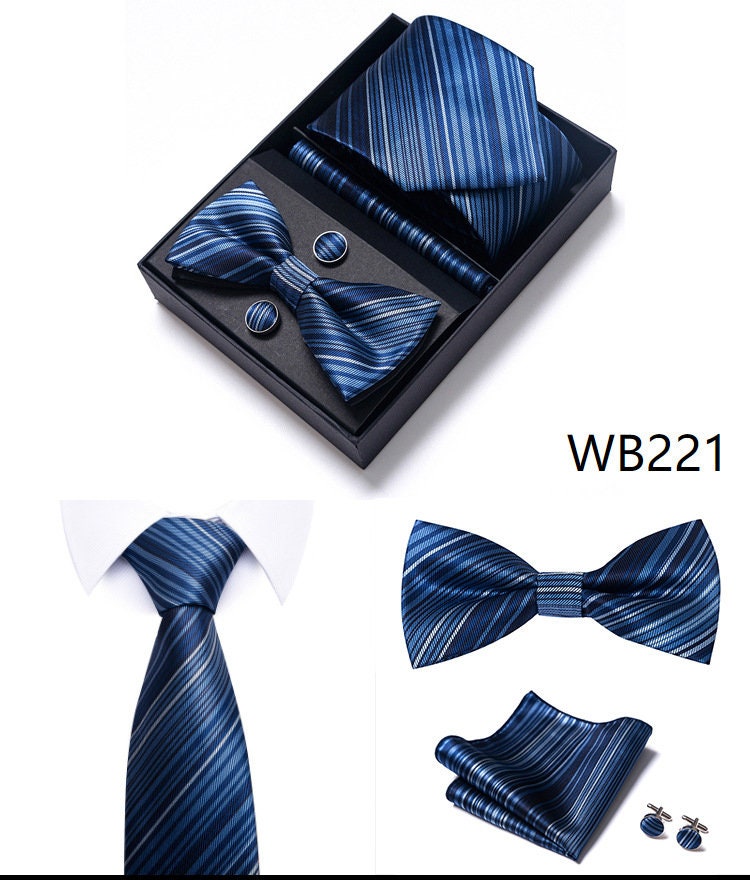 Ocean Blue Stripe Necktie Set / Pocket Square Tie Bowtie Cufflinks Set / Wedding Tie / Tie Clips / Gift for him Mens Groomsmen Gift