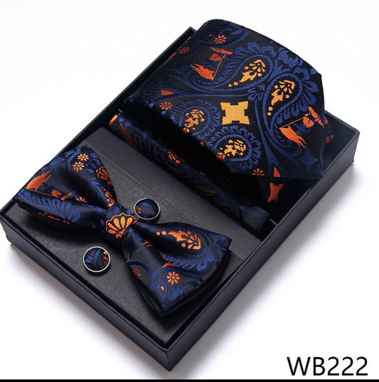 Black Orange Paisley Necktie Set / Pocket Square Tie Bowtie Cufflinks Set / Wedding Tie / Tie Clips / Gift for him Mens Groomsmen Gift