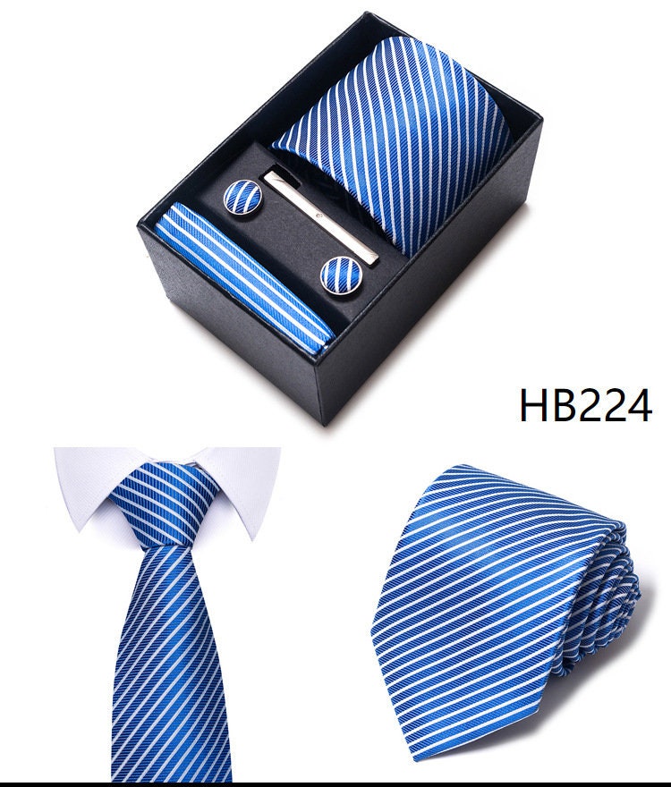 Blue Stripe Tie Set / Pocket Square Tie Bowtie Cufflinks Set / Wedding Tie / Tie Clips / Gift for him Mens Groomsmen Gift