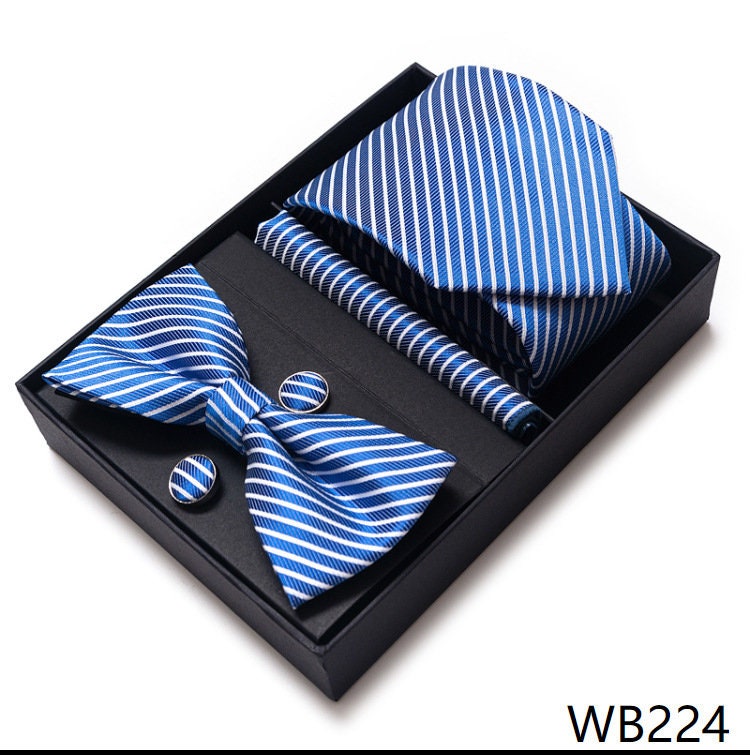 Blue Stripe Tie Set / Pocket Square Tie Bowtie Cufflinks Set / Wedding Tie / Tie Clips / Gift for him Mens Groomsmen Gift