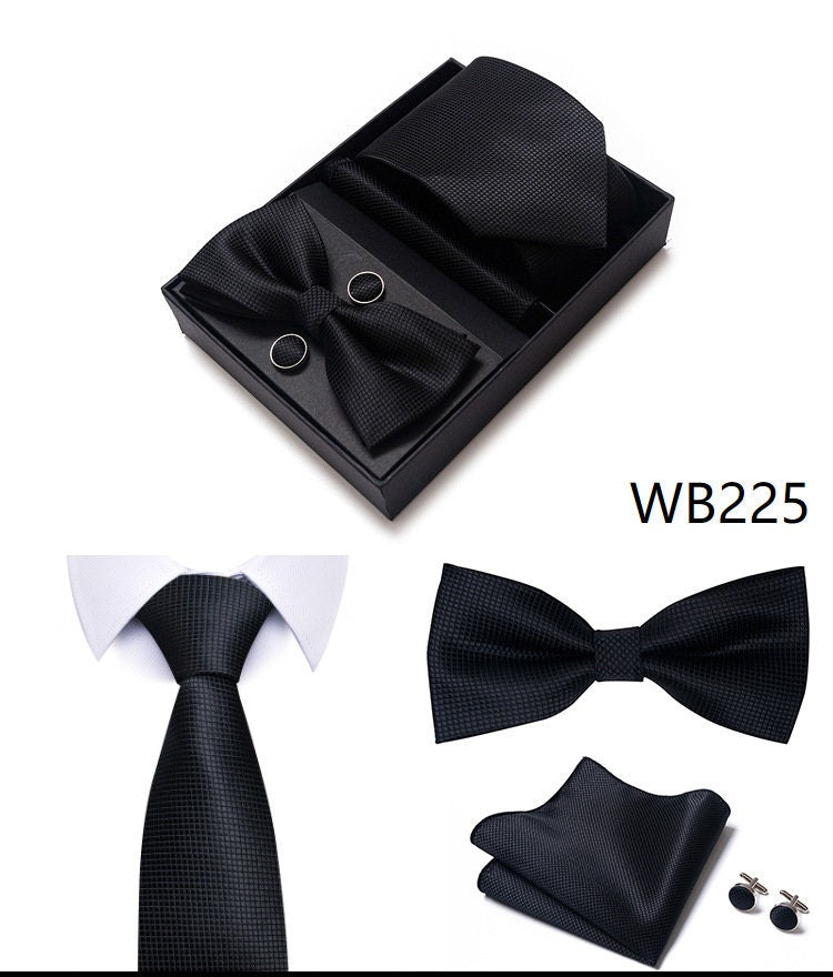 Black Tie Set Premium Necktie and Clip / Pocket Square Tie Bowtie Cufflinks Set / Wedding Tie / Tie Clips / Gift for him Mens Groomsmen Gift