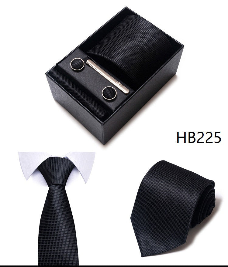 Black Tie Set Premium Necktie and Clip / Pocket Square Tie Bowtie Cufflinks Set / Wedding Tie / Tie Clips / Gift for him Mens Groomsmen Gift