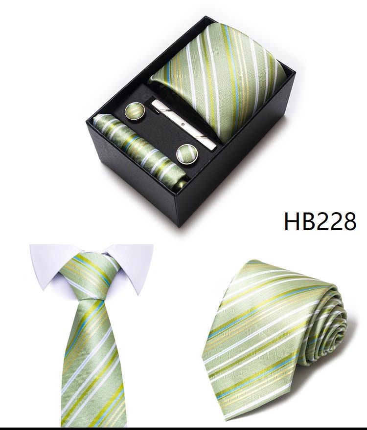 Creamy Green Stripe Pattern Tie Set / Pocket Square Tie Bowtie Cufflinks Set / Wedding Tie / Tie Clips / Gift for him Mens Groomsmen Gift