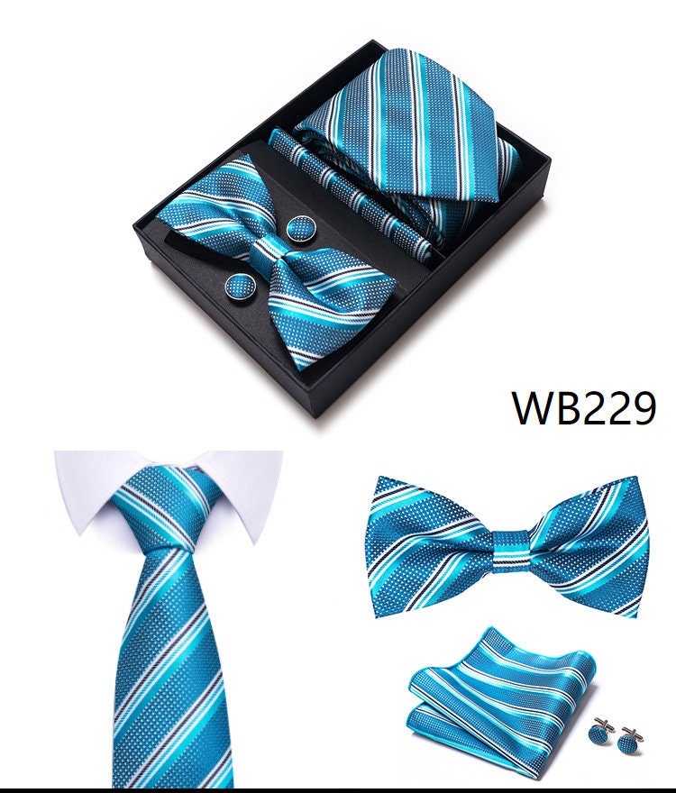 Blue Stripe Pattern Tie Set / Pocket Square Tie Bowtie Cufflinks Set / Wedding Tie / Tie Clips / Gift for him Mens Groomsmen Gift