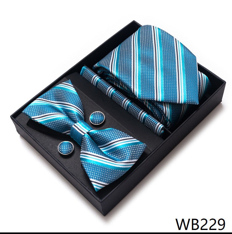 Blue Stripe Pattern Tie Set / Pocket Square Tie Bowtie Cufflinks Set / Wedding Tie / Tie Clips / Gift for him Mens Groomsmen Gift