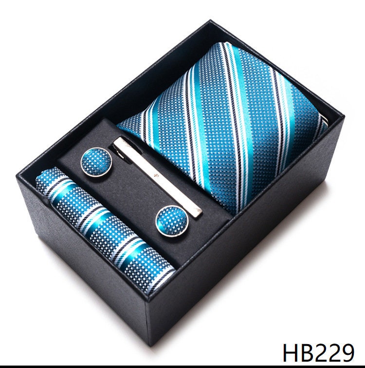 Blue Stripe Pattern Tie Set / Pocket Square Tie Bowtie Cufflinks Set / Wedding Tie / Tie Clips / Gift for him Mens Groomsmen Gift