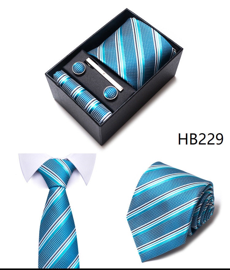 Blue Stripe Pattern Tie Set / Pocket Square Tie Bowtie Cufflinks Set / Wedding Tie / Tie Clips / Gift for him Mens Groomsmen Gift