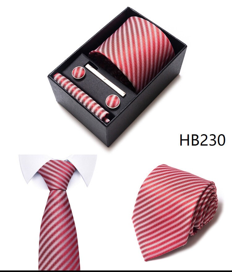 Red Stripe Pattern Tie Set / Pocket Square Tie Bowtie Cufflinks Set / Wedding Tie / Tie Clips / Gift for him Mens Groomsmen Gift