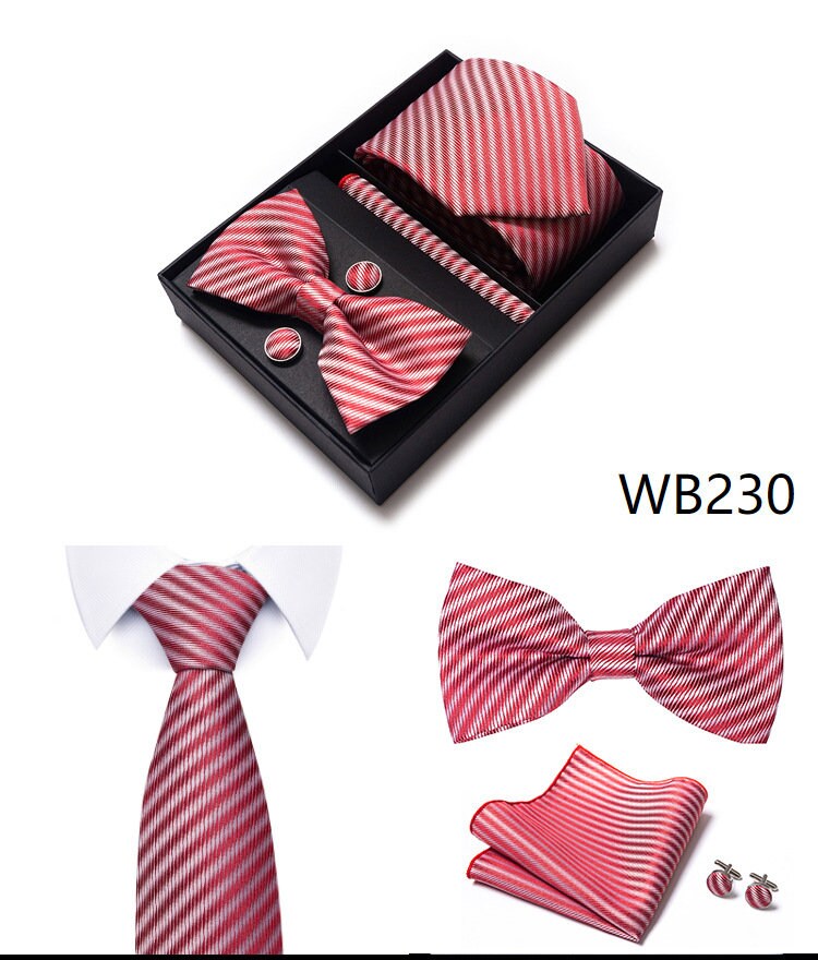 Red Stripe Pattern Tie Set / Pocket Square Tie Bowtie Cufflinks Set / Wedding Tie / Tie Clips / Gift for him Mens Groomsmen Gift