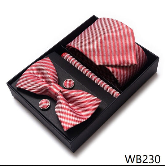 Red Stripe Pattern Tie Set / Pocket Square Tie Bowtie Cufflinks Set / Wedding Tie / Tie Clips / Gift for him Mens Groomsmen Gift