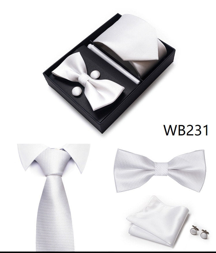 White Tie Set / Pocket Square Tie Bowtie Cufflinks Set / Wedding Tie / Tie Clips / Gift for him Mens Groomsmen Gift