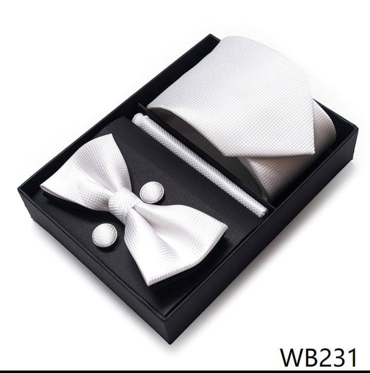 White Tie Set / Pocket Square Tie Bowtie Cufflinks Set / Wedding Tie / Tie Clips / Gift for him Mens Groomsmen Gift