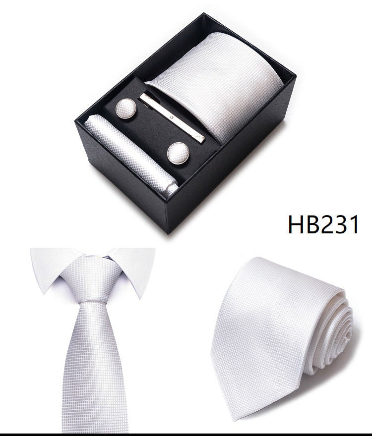 White Tie Set / Pocket Square Tie Bowtie Cufflinks Set / Wedding Tie / Tie Clips / Gift for him Mens Groomsmen Gift