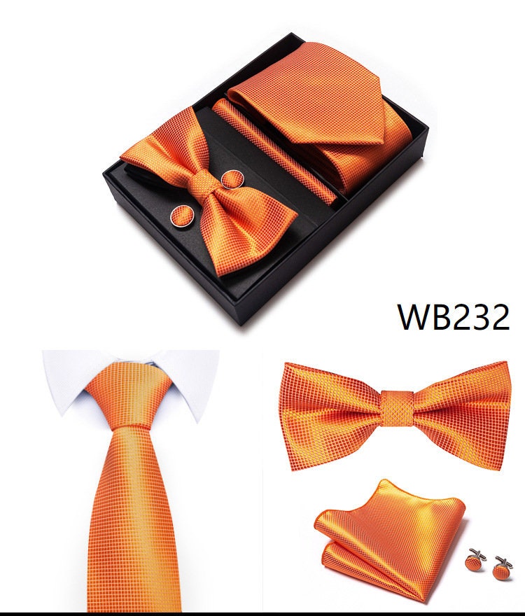 Orange Tie Set / Pocket Square Tie Bowtie Cufflinks Set / Wedding Tie / Tie Clips / Gift for him Mens Groomsmen Gift