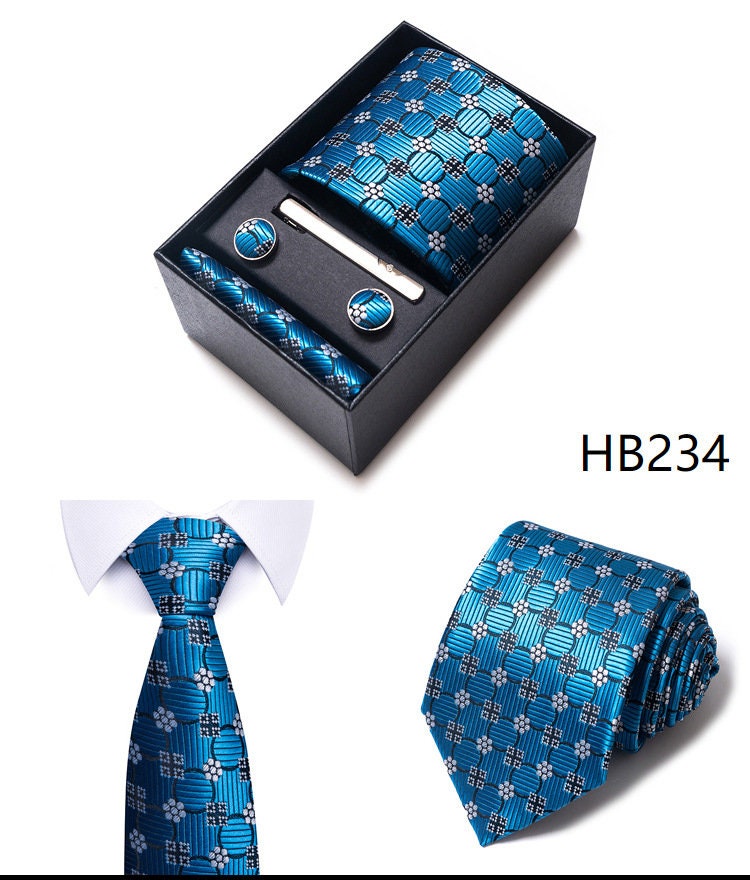 Luxury Blue Tie Set / Pocket Square Tie Bowtie Cufflinks Set / Wedding Tie / Tie Clips / Gift for him Mens Groomsmen Gift